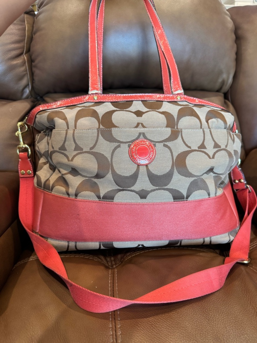 Coach Signature Canvas diaper bag/ weekender bag with Coral Red Trim vintage y2k